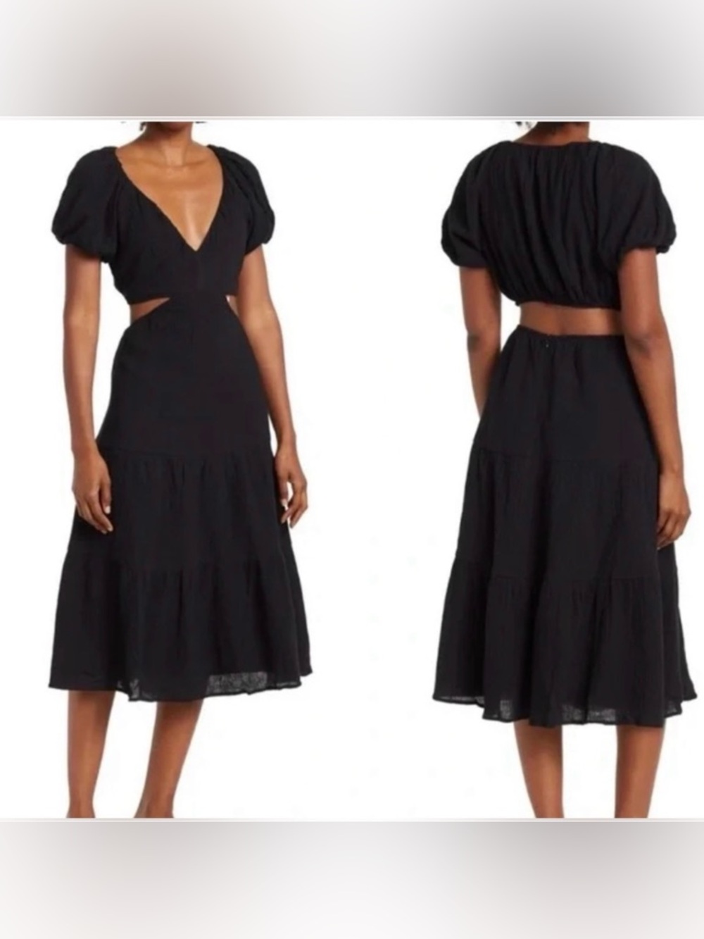 ASTR THE LABEL Puff Sleeve Cutout Gauze Midi Dress. Size M